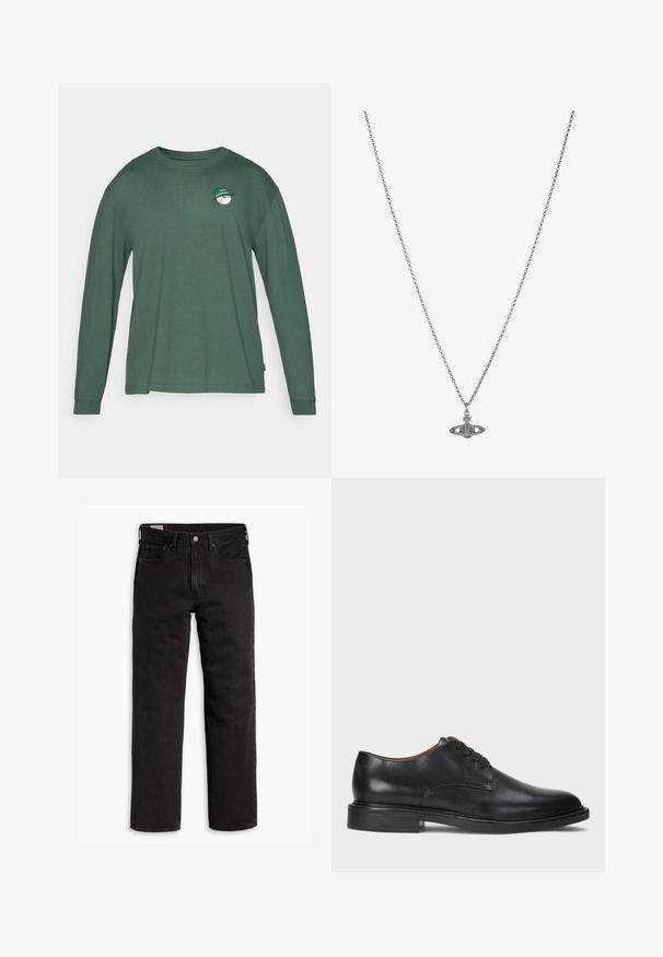 Tamsiai žalia ilgomis rankovėmis marškinėliai, pagaminti iš minkštos medvilnės. Ant krūtinės puikuojasi mažas baltas piešinys su žaliu kepuraitė. Apvalus iškirpimas.; Juodos tiesios kojų džinsinės kelnės su penkiomis kišenėmis, mygtuko užsegimu ir diržo kilpomis, išdėstytos plokščiai ant balto fono.; Juodas odinis suknių batelis su apvalia nosimi, raišteliais ir žemu, sukrautu kulnu. Lygus paviršius su minimaliais siuvinėjimo detalėmis.; Sidabrinė grandinėlė su detaliu pakabuku planetos forma, papuošta mažomis detalėmis ir sudėtingais raštais.