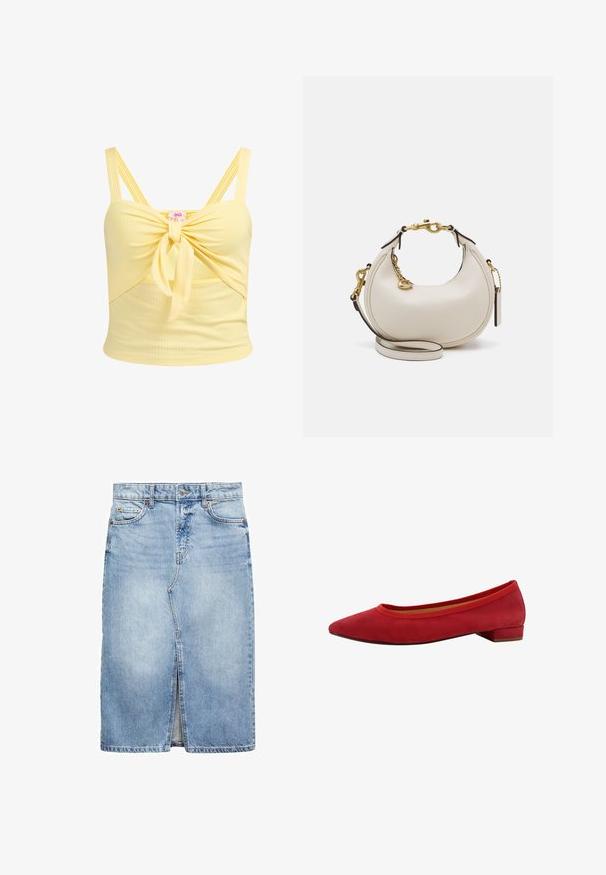 Gelbes geripptes Crop-Top mit einem geknoteten Vorderteil und verstellbaren Doppelträgern. Hat ein figurnahes Design und eine weiche Textur.; Weißes Langarm-Hemd mit Knöpfen und spitzem Kragen aus Baumwolle. Verfügt über ein kleines gesticktes Logo auf der linken Brust.; Jeansrock in Hellblau, knielang mit einem Schlitz vorne. Verfügt über fünf Gürtelschlaufen, zwei Fronttaschen und einen Metallknopfverschluss.; Rote Wildleder Ballerinas mit spitzem Zeh, niedrigem Blockabsatz und elastischem Besatz am Schaft für eine enge Passform.; Cremfarbene Lederhandtasche in Mondform, mit goldenen Akzenten, schwarzen Details und einem abnehmbaren Gurt. Sie verfügt über eine Kettendetail und einen Anhänger.