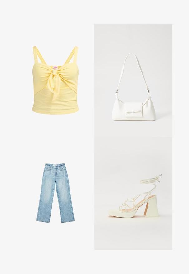 Gul ribbet crop top med en knyttet frontdetalje og justerbare dobbelte stropper. Har et tætsiddende design og blød tekstur.; Lyseblå denim bukser med bred benvidde og høj talje, præget af en falmet vask og små, spredte slidte detaljer overalt.; Hvide højhælede sandaler med en kraftig hæl, der har et stropdesign og ankelbinding. Glat tekstur med en platform foran for ekstra højde.; Hvid syntetisk håndtaske med en trekantet form, flad forsideklap og sløjfedetalje, justerbar strop, glat tekstur og minimalistisk design.