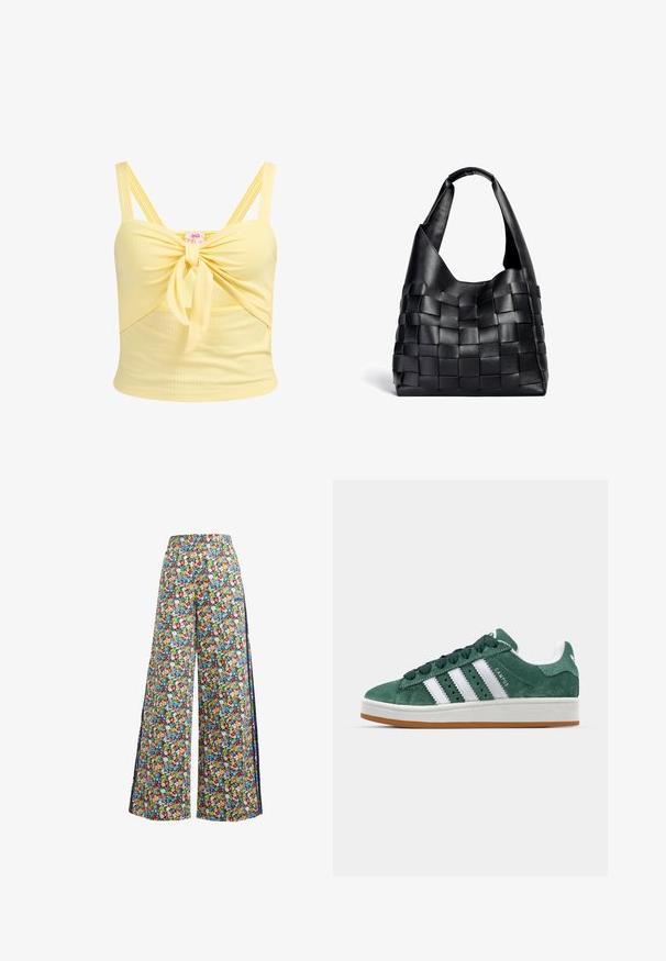 Rumena rebrasta kratka majica z zavezanim sprednjim detajlom in prilagodljivima dvojno trakoma. Ima prilegajoč dizajn in mehak material.; Hlače s širokimi nogavicami z cvetličnim vzorcem na modri podlagi, ki imajo barvit vzorec rdečih, rumenih in modrih cvetov ter elastičen pas.; Zeleni semiš športni copat z belimi usnjenimi črtami, gumijastim podplatom, oblazinjenim ovratnikom in minimalističnim dizajnom. Na strani je oznaka blagovne znamke.; Črna usnjena torba za rame s pletenim vzorcem in ohlapno obliko ter širokim naramnim trakom. Ima teksturiran, prepleten dizajn s gladkim zaključkom.