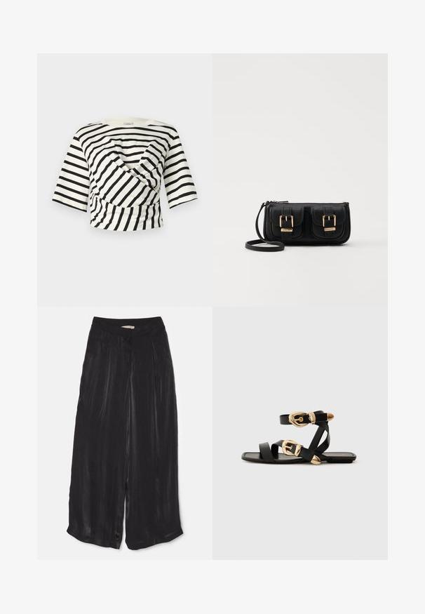 Baum und Pferdgarten JALYA - Print T-shirt - black whisper stripe; Black wide-leg trousers made of smooth satin fabric, featuring a high waistband, front pleats, and a cropped length with side slits.; Black leather sandals with gold buckle accents, featuring multiple straps and a flat sole design for open-toe wear.; Black leather crossbody bag with two front pockets, gold buckles, zipper closure, and a slim strap. Textured surface and compact rectangular shape.