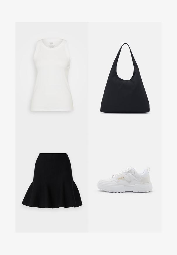 GAP HIGH NECK TANK - Top - white; Falda negra acampanada hecha de una tela suave. Presenta una cintura ajustada y un dobladillo ondulado, creando una apariencia de capas.; Zapatillas blancas con un diseño grueso, que presentan materiales de cuero y sintéticos, detalles texturizados, cordones y un logotipo destacado en dorado.; Bolsa de tela negra con una sola correa ancha para el hombro. Forma suave y semiestructurada con textura lisa; diseño minimalista, sin herrajes visibles.; Pendientes de aro en tono dorado con una forma suave y redondeada y un acabado pulido. Presentan acentos naranjas en la parte trasera para un ajuste seguro.