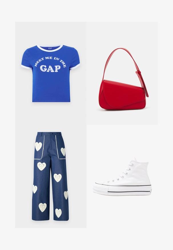 Blå bomull t-skjorte med hvit rund hals og ermer. Har tekst foran som sier "MØT MEG I GAPSEN" i slitt hvit skrift.; Sister Jane HEART TO HEART - Jeans straight leg - blue denim; Hvit høy-skinn kanvas sneakers med svart gummisåle, gummitåhette foran og seks hull for snorer, med et rent, minimalistisk design.; Rød lærveske med en vinklet, geometrisk design. Har en enkelt justerbar stropp og en klaffelukking med sydd detaljer.