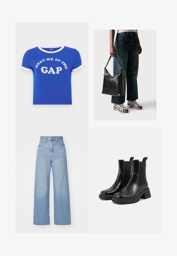 Niebieska bawełniana koszulka z okrągłym dekoltem i mankietami w białym kolorze. Na przodzie napis "SPOTKAJ SIĘ W PRZERWIE" w postarzanym białym druku.; Jasnoniebieskie jeansy z wysokim stanem i szerokimi nogawkami, z zapięciem na guziki i zamek z przodu, przednie i tylne kieszenie, na białym tle.; Czarne skórzane botki Chelsea na mocnej podeszwie, z elastycznymi panelami bocznymi i kontrastującym białym ściegiem. Teksturowane wykończenie.; Czarna skórzana torba na ramię o gładkiej fakturze i regulowanym pasku, w zestawieniu z wyblakłymi dżinsami typu wide-leg i sportowymi butami.