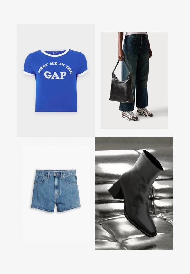 Niebieska bawełniana koszulka z okrągłym dekoltem i mankietami w białym kolorze. Na przodzie napis "SPOTKAJ SIĘ W PRZERWIE" w postarzanym białym druku.; Jasnoniebieskie szorty dżinsowe z pięcioma kieszeniami, z zamkiem błyskawicznym i zapięciem na guzik. Rant jest postrzępiony, a krój jest luźny.; Czarne botki za kostkę wykonane z błyszczącego materiału, z kwadratowym noskiem i zwężającym się obcasem, na tle błyszczącego srebrnego tapicerowanego tła.; Czarna skórzana torba na ramię o gładkiej fakturze i regulowanym pasku, w zestawieniu z wyblakłymi dżinsami typu wide-leg i sportowymi butami.