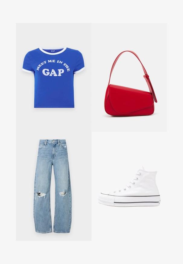 Blaues Baumwoll-T-Shirt mit einem weißen Rundhalsausschnitt und Ärmelbündchen. Mit Fronttext "MEET ME IN THE GAP" in abgenutztem weißen Druck.; Helles, hochtailliertes Jeans aus Denim. Hat weit geschnittene Beine, zwei aufgerissene Kniebereiche und klassischen Fünf-Taschen-Stil.; Weiße hochwertige Leinensneaker mit schwarzer Gummisohle, vorderem Gummizehenschutz und sechs Ösen für Schnürsenkel, die ein sauberes, minimalistisches Design aufweisen.; Rote Lederhandtasche mit einem kantigen, geometrischen Design. Verfügt über einen verstellbaren Schulterriemen und einen Klappenverschluss mit genähten Details.