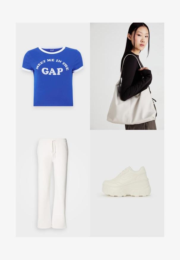 Blå bomull t-skjorte med hvit rund hals og ermer. Har tekst foran som sier "MØT MEG I GAPSEN" i slitt hvit skrift.; Hvite, avslappede joggebukser laget av myk stoff, med elastisk liv med snor og rett ben-design.; Hvite plattformsnickers med en glatt læraktig overdel, avrundet form, polstret krage og teksturert gummisåle med tydelige dekk.; Beige håndveske laget av mykt materiale, med en slapp design, sydd detaljer og to skulderstropper. Passer for daglig bruk.