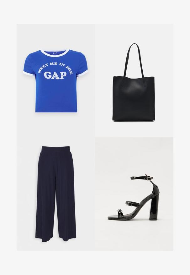Tricou din bumbac albastru cu gât rotund și manșete albe. Prezintă un text pe față care spune "Întâlnește-mă în gol" în imprimare albă deteriorată.; Pantaloni cu croi larg din țesătură de culoare bleumarin închis, cu un model texturat. Prezintă un brâu neted și o siluetă fluidă, ajungând până la jumătatea gambei.; Sandale cu toc din patent negru, cu vârf pătrat, curele la gleznă și catarame din argint. Dispune de un toc gros pentru stabilitate.; Geantă tote neagră din piele, cu textură netedă, formă rectangulară și două mânere lungi. Fără hardware vizibil sau ornamente.