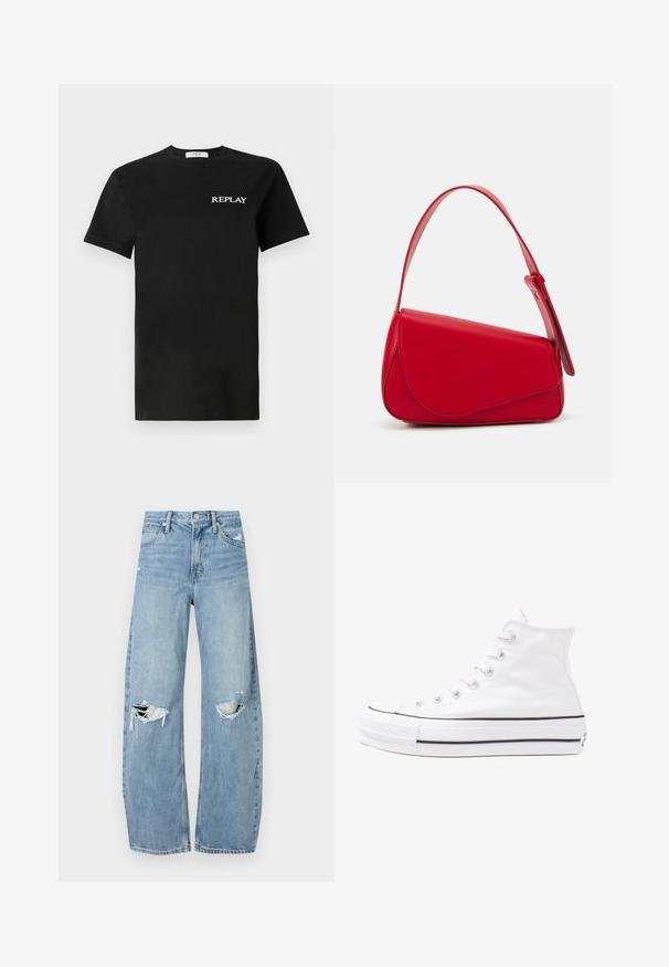 Zwarte katoenen T-shirt met korte mouwen, voorzien van een wit "REPLAY" logo op de linkerborst. Klassiek ontwerp met ronde hals.; Lichtblauwe, hooggeritste jeans van denim. Beschikken over wijde pijpen, twee gescheurde knievalken en klassieke vijfzakken styling.; Witte high-top canvas sneakers met een zwarte rubberen zool, een rubberen neuskap aan de voorkant en zes gaatjes voor veters, met een schone, minimalistische uitstraling.; Rode leren handtas met een hoekig, geometrisch ontwerp. Beschikt over een enkele verstelbare schouderriem en een klepclosure met gestikte details.