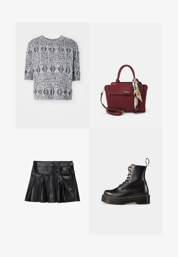 Krátky rukáv, pletený sveter v čiernej a bielej farbe. Má textúrovaný vzor, okrúhly výstrih a mierne voľný strih.; Čierna kožená sukňa s sklady, širokým pásom a dvoma prackami na boku. Hladká textúra s lesklým povrchom.; Čierne kožené členkové topánky na šnurovanie s masívnou čiernou podrážkou a žltým prešitím. Obsahujú pútko na zadnej strane a okrúhle kovové očká.; Bordová kabelka vyrobená z umelého materiálu so štruktúrovaným dizajnom, s odnímateľným popruhom a kvetinovou šatkou zviazanou na držadle.