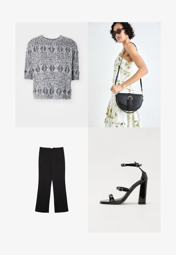 Pulover kratkih rukava, pleteni, u crnoj i bijeloj boji. Ima strukturirani uzorak s okruglim izrezom i blago labavim krojem.; Crne hlače ravnog kroja, s prednjim džepovima i bočnim prorezima na rubu. Izrađene od mekog i glatkog materijala. Pogodne za razne prigode.; Crne lakirane sandale na pete sa kvadratnim nosom, trakama oko gležnja i srebrnim kopčama. Imaju čvrst blok petu za stabilnost.; Crna kožna torba s lukovitim oblikom, odvojivim remenom i zlatnim detaljima. Torba ima preklop s kopčom.