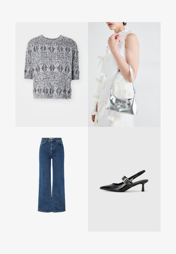 Sweater de malha, com mangas curtas, em preto e branco. Apresenta um padrão texturizado, com decote redondo e um caimento ligeiramente solto.; Jeans de ganga azuis de cintura alta com pernas largas, apresentando um design tradicional de cinco bolsos, fecho de botão de metal e costura em contraste.; Saltos slingback em verniz preto com bico pontiagudo e um pequeno salto bloco, apresentando um detalhe de fivela prateada na tira.; Bolsa metálica prateada com uma forma estruturada, apresentando uma alça superior e um detalhe de laço na frente. Textura suave, acabamento reflexivo.