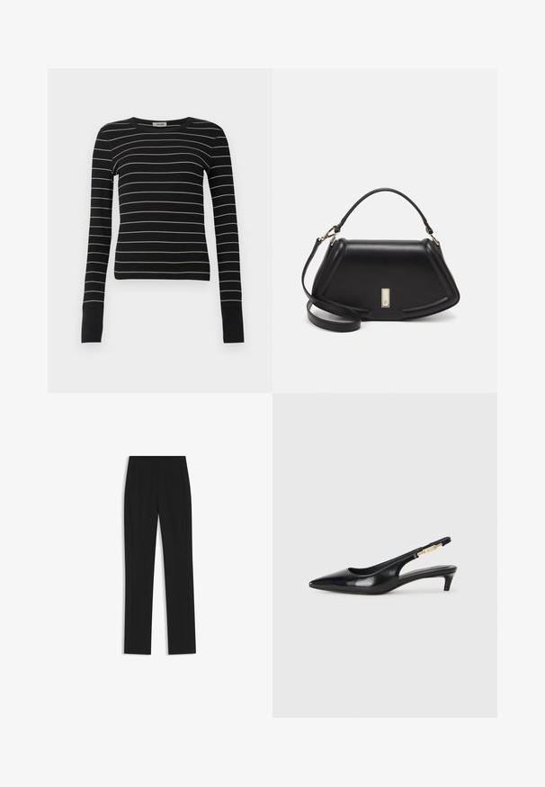Schwarzes, langärmliges, eng anliegendes Oberteil mit dünnen weißen horizontalen Streifen und verlängerten Bündchen, auf einem schlichten weißen Hintergrund präsentiert.; Schwarze maßgeschneiderte Hose mit geradem Bein, ausgestattet mit Fronttaschen und einem glatten, strukturierten Stoff. Saubere, minimale Details.; Schwarze Leder-Slingback-Pumps mit spitzem Schuhblatt, ausgestattet mit einem schlanken Absatz und einem goldfarbigen Akzent am verstellbaren Riemen. Glatte Textur.; Schwarze Lederhandtasche mit einem strukturierten Design, das eine verkürzte Form, einen oberen Griff und goldfarbene Hardware-Details aufweist. Verstellbarer Schulterriemen ist enthalten.