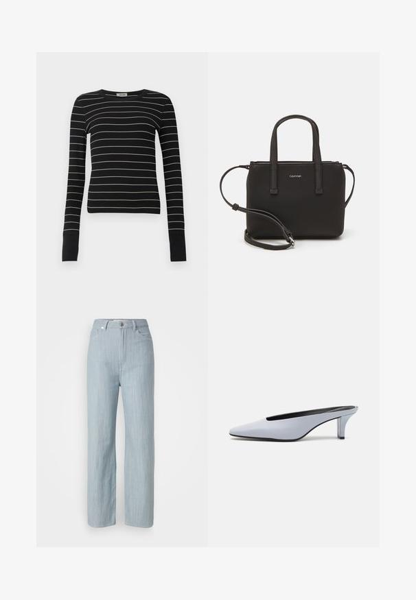 Črna dolgoročna oprijeta majica z tankimi belimi horizontalnimi črtami in podaljšanimi manšetami, prikazana na enostavni beli podlagi.; Svijetloplave traperice ravnog kroja. Imaju pet džepova, metalno kopčanje na dugme i suptilno izbjeljivanje za teksturu.; Svetlo modre lakirane mule s poudarjenim nosom, nizkim prozornim petam in elegantnim dizajnom z izrezom na sprednjem delu.; Črna torbica z dvema kratkima ročajema in odstranljivim naramnim trakom. Gladek usnju podoben material z zadrgo in podrobnostmi z logotipom.