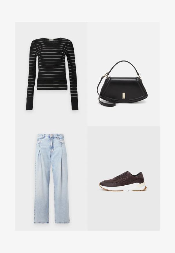 Fekete, hosszú ujjú, testhez simuló felső vékony fehér vízszintes csíkokkal és hosszabbított mandzsettákkal, amely egy sima fehér háttéren van bemutatva.; Világoskék farmernadrág magas derekú, bő szabású, két oldalsó zsebbel és pliszírozott dizájnnal. Puha tapintású, elhalványított felület.; Sötétbarna sportcipő fekete béléssel, dombornyomott logóval az oldalán, vastag fehér talppal és gumi színű talppal egy sima háttér előtt.; Fekete bőr kézitáska, strukturált dizájnnal, rövidített formával, felső fogantyúval és arany színű kiegészítőkkel. Állítható vállpánt is tartozik hozzá.