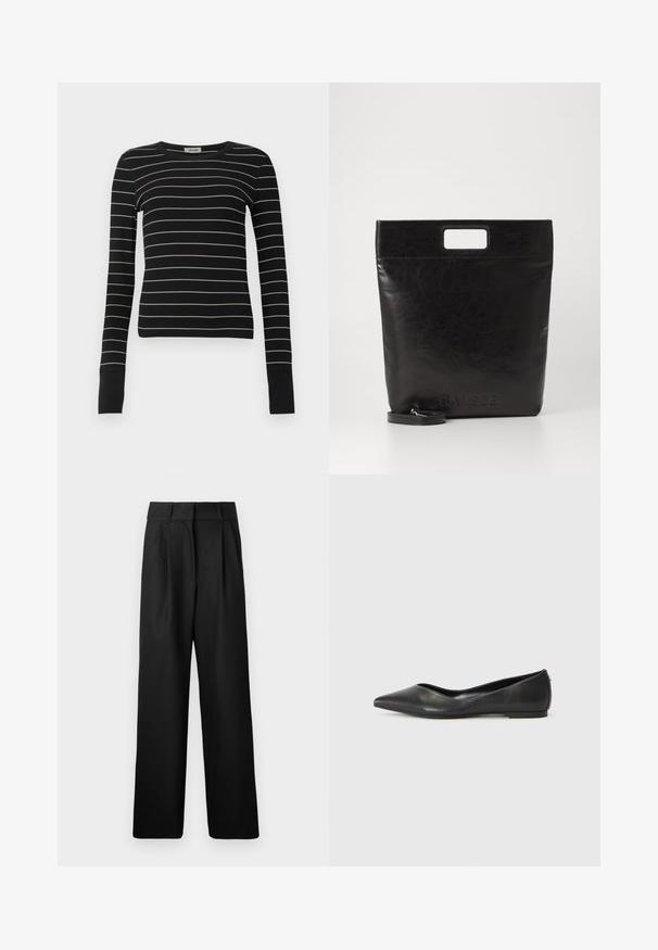 Schwarzes, langärmliges, eng anliegendes Oberteil mit dünnen weißen horizontalen Streifen und verlängerten Bündchen, auf einem schlichten weißen Hintergrund präsentiert.; Schwarze weit geschnittene Hose mit glatter Textur, ausgestattet mit Vorderfalten und einem hochgeschnittenen Design. Hergestellt aus einem leichten Stoff.; Schwarze Leder-Ballerinas mit spitzem Zehenbereich, niedrigem Absatz und glatter Textur. Minimalistisches Design mit einem dezenten seitlichen Akzent.; Schwarze Leder-Tote-Tasche mit einem quadratischen Griff, ausgestattet mit einer strukturierten Oberfläche und geprägtem Logo. Inklusive abnehmbarem Tragegurt.
