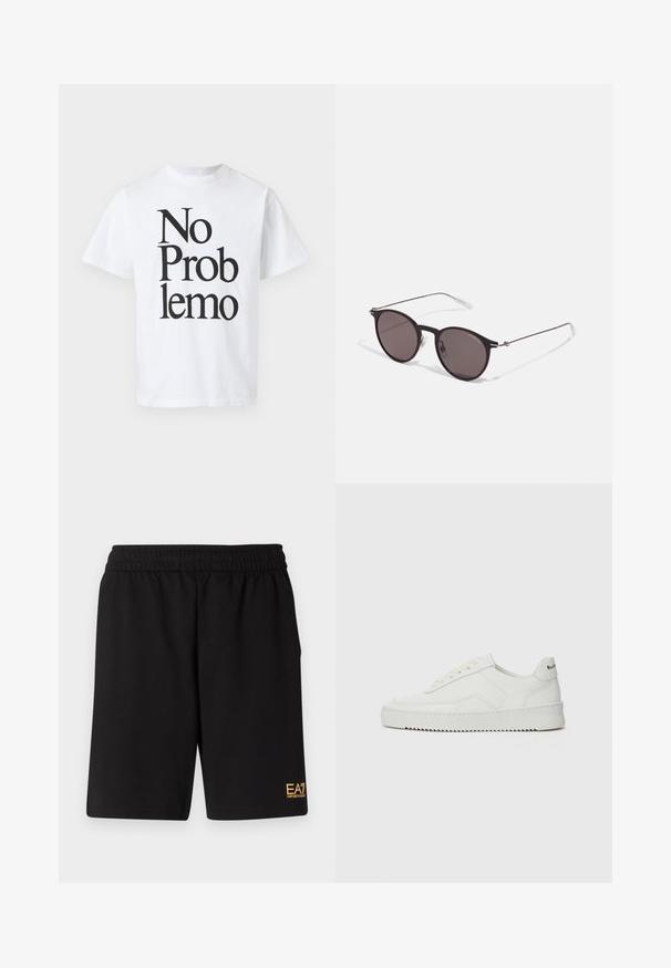 Camiseta de algodón blanca con texto negro que dice "No Problemo" en diferentes tamaños de fuente. Diseño clásico de cuello redondo con mangas cortas.; Pantalones cortos deportivos negros de tejido suave, con una cintura elástica y un pequeño logo amarillo de EA7 en la parte inferior de la pierna izquierda.; Zapatilla de cuero blanca con un acabado suave, puntera redonda, cordones planos y suela texturizada. Cuenta con un sutil logo en el talón.; Gafas de sol redondas negras con lentes oscuros y brazos metálicos delgados. Incluye puntas de varilla transparentes y acentos plateados en la bisagra. Diseño minimalista.