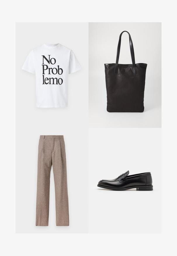 Tricou din bumbac alb, cu text negru care spune "No Problemo" în dimensiuni de font variate. Design clasic cu guler tip crew și mâneci scurte.; Pantaloni bej, cu talie înaltă, dintr-un material texturat. Prezintă picioare late și două pliseuri frontale pentru structură. Finisaj îngrijit, fără accesorii vizibile.; Mocasini din piele neagră cu o textură netedă, vârf rotund și o curea decorativă peste partea superioară. Toc mic, design minimalist.; Geantă de umăr din pânză neagră cu mânere din piele neagră. Design simplu, corp spațios și textură netedă. Fără logo-uri sau modele vizibile.