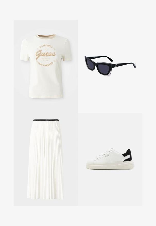 Kremfarget t-skjorte med korte ermer som har rund hals, med teksturert gyllen broderi som leser "Guess Sports Club California Los Angeles."; Plissert hvit skjørt med en svart elastisk midje som har "LACOSTE"-logoen. Midjelengde design med myk tekstur.; Hvite lær sneakers med tykk hvit såle, svart semsket hælforsterkning og preget logo på siden. Snøresystem med seks hull.; Store svarte solbriller i overdimensjonert størrelse med geometrisk form, med mørke linser og en kontrasterende grå detalj på rammen. Logo på armen.