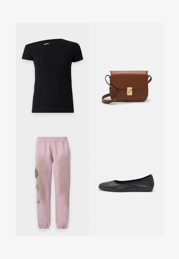 Tricou negru cu dungi, cu mâneci scurte și un design asimetric pe umăr. Materialul este neted, cu un ușor luciu.; Pantaloni de trening roz cu talie elastică, cu petice decorative în formă de diamant pe partea stângă și manșete elastice la glezne.; Balerini din piele neagră, cu vârf rotund, textură netedă, detalii de cusătură minimale și un design al tălpii flexibil.; Geantă de piele maro cu închidere tip capac, accesorii de culoare aurie, curea de umăr și o textură netedă. Formă compactă și rectangulară.
