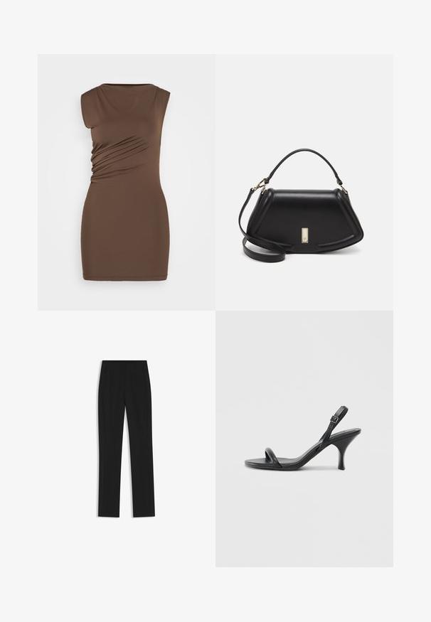 Brown, sleeveless dress with a fitted silhouette. Features side ruching and a smooth, stretchy fabric. Simple round neckline, above-knee length.; Black tailored trousers with a straight-leg design, featuring front pockets and a smooth, textured fabric. Neat, minimal detailing.; Black leather high-heeled sandals with a slim, curved heel and a crossed strap design. Adjustable ankle strap. Smooth texture.; Black leather handbag with a structured design, featuring a cropped shape, top handle, and gold hardware accent. Adjustable shoulder strap included.