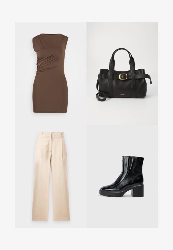 Rochie maro, fără mâneci, cu o silueta ajustată. Prezintă pliere laterală și un material neted și elastic. Decolteu rotund simplu, lungime deasupra genunchiului.; Pantaloni bej din material netedom. Au o croială dreaptă, față plată și două pliuri. Fără modele vizibile sau accesorii.; Bocanci de gleznă din piele lacuită neagră, cu vârf curbat, panouri elastice pe laterale și toc bloc masiv. Prezintă un logo embosat pe spate.; Geantă de mână din piele neagră, cu un design structurat, mânere superioare duale, accent cu cataramă aurie și logo-ul brandului embosat în față.