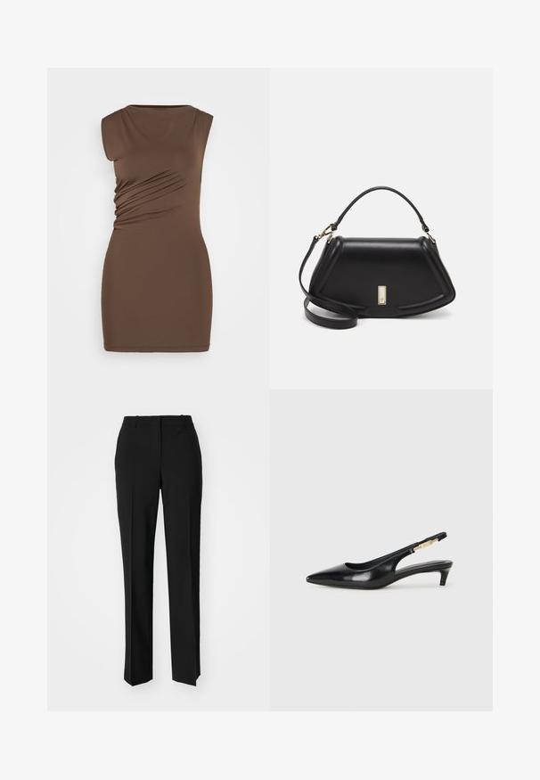 Brown, sleeveless dress with a fitted silhouette. Features side ruching and a smooth, stretchy fabric. Simple round neckline, above-knee length.; Black tailored trousers with a straight-leg design, featuring a smooth texture and crisp creases along the front. No visible hardware.; Black leather slingback heels with a pointed toe, featuring a slim heel and a gold-tone accent on the adjustable strap. Smooth texture.; Black leather handbag with a structured design, featuring a cropped shape, top handle, and gold hardware accent. Adjustable shoulder strap included.