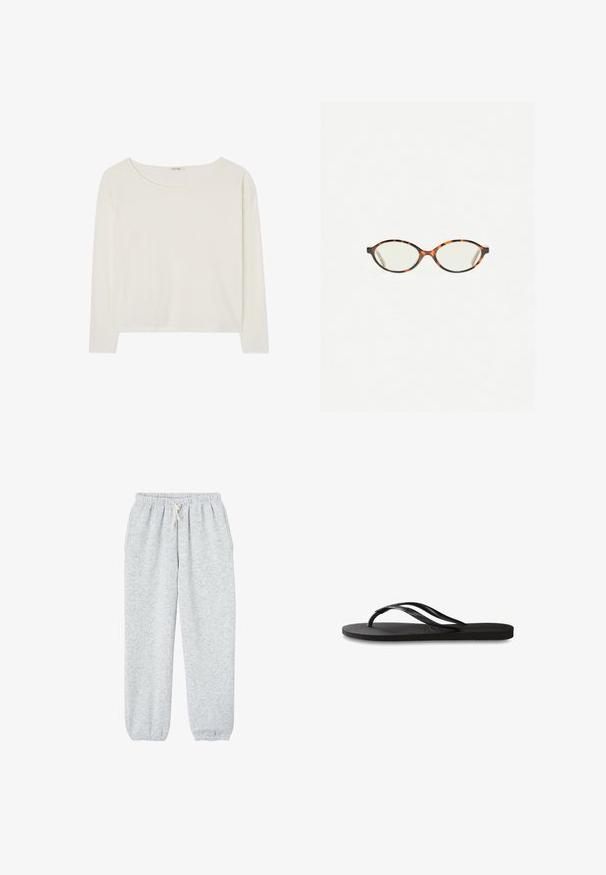 White long-sleeve top with a round neckline, lightweight cotton fabric, and a relaxed fit. Simple design without patterns or embellishments.; Gray sweatpants made of soft fabric, featuring an elastic waistband with a drawstring, and elastic cuffs at the ankles.; Black flip-flop featuring a textured rubber sole, two slender straps, and a subtle, embossed logo detail on the strap.; Tortoiseshell eyeglasses with oval lenses and a sleek, smooth finish. Features thin sides with a subtle curve at the temples. Clear lenses.