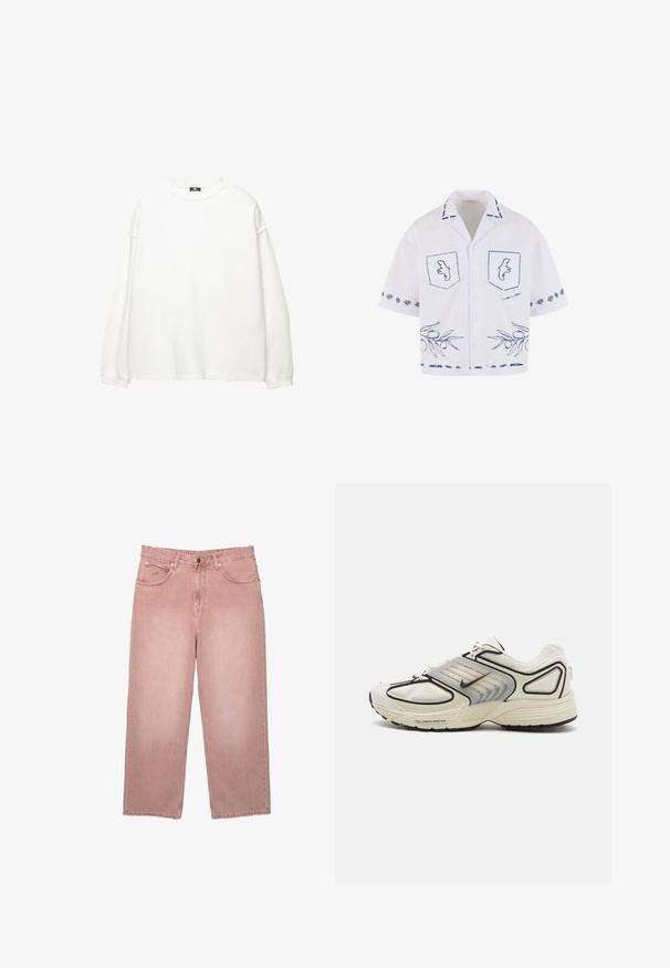 Biały sweatshirt z długim rękawem wykonany z bawełny. Ma okrągły dekolt, opadające ramiona i ściągacze na mankietach. Gładka tekstura bez wzorów.; Biała koszula z krótkim rękawem z niebieskimi graficznymi wzorami, w tym kieszeniami, wzorem gałązki oliwnej oraz kontrastującymi detalami kołnierza.; Jeans o wysokim stanie i szerokich nogawkach w wyblakłym, zakurzonym różowym kolorze, z przednim zapięciem na guzik, kieszeniami i szlufkami na pasek, prezentowane na białym tle.; Białe buty sportowe z siateczkową cholewką, czarnymi akcentami i szarymi detalami. Posiadają amortyzowaną podeszwę z brandingiem "FULL LENGTH NIKE AIR".