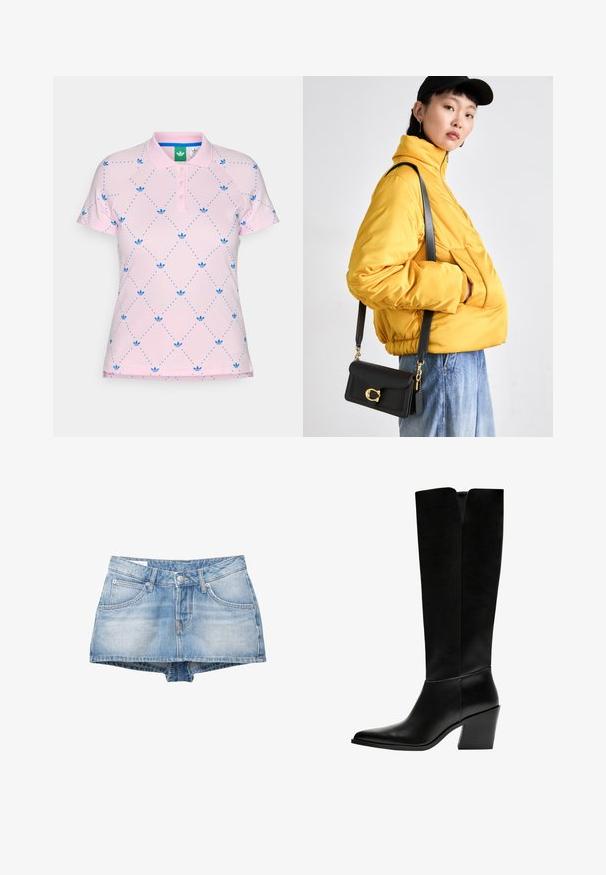 Roza polo majica z modrim diamantom in malimi modrimi logotipi. Ima zaponko s tremi gumbi in rebrasto ovratnico. Narejena iz lahkega blaga.; Denim kratke hlače v svetlo modri barvi z izrabljenim videzom. Imajo pet žepov in sprednje zapiranje na gumb. Klasičen kroj s ravnim robom.; Črne gležnjarje do kolen iz gladkega usnja, z ostrim nosom, blokinim peto in V-oblikovanim izrezom na vrhu.; Rumena oblazinjena jakna z visokim ovratnikom in sprednjim žepom, v kombinaciji s črno torbico čez ramo z zlatimi dodatki. Priložnostni denim hlače.