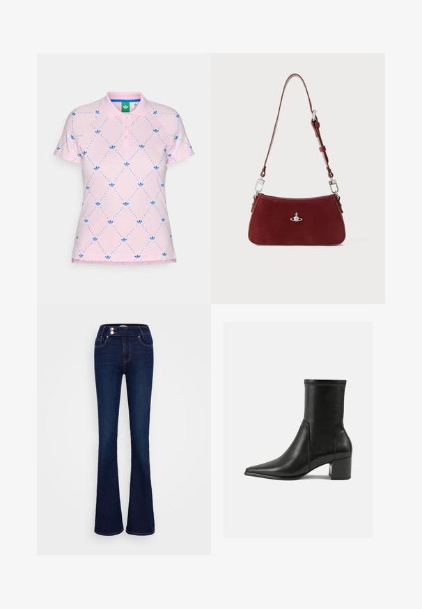Rosa polo-skjorte med blå diamantmønster og små blå logoer. Har en tre-knaps knappestolpe og ribbestrikket krage. Laget av lett stoff.; Mørkeblå vide jeans med høy midje, to frontlommer og to knappestenger. Laget av denim med en jevn tekstur.; Sorte ankelstøvler laget av glatt lær, med spiss tå, blokkhelt og distinkte hevede sømmer på toppen.; Rød semsket skulderveske med buet form. Har sølvfargede akenter og justerbar stropp med detaljer i metall. Glatt tekstur.