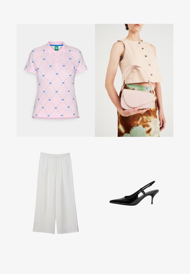 Roza polo majica z modrim diamantom in malimi modrimi logotipi. Ima zaponko s tremi gumbi in rebrasto ovratnico. Narejena iz lahkega blaga.; Bele široke hlače iz lahkega materiala, ki imajo elastičen pas in vrvico za prilagajanje. Gladka tekstura.; Črne patentne usnjene slingback čevlje s koničastim nosom, odprtimi stranskimi izrezi, ozkim petam in nastavljivim gležnjava.; Roza usnjena torbica s ukrivljenim poklopcem, enim naramnim trakom in čistimi linijami. Torbica se ponaša z gladko teksturo in minimalističnim dizajnom.