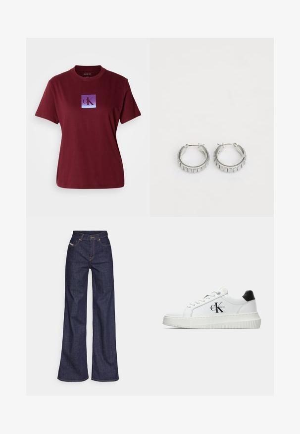 Bordová bavlněná trička s čtvercovým logem na pozadí s gradientem od fialové k modré a písmeny "cK" v tmavě fialové barvě.; Tmavě modré džíny s širokým střihem vyrobené z denimové tkaniny, s vysokým pasem, oranžovým prošíváním, pěti kapsami a zapínáním na knoflík.; Bílé nízké tenisky s černým patním tabem, platformovou podrážkou, tkaničkami a logem Calvin Klein "CK" na boku.; Stříbrné kruhové náušnice s texturovaným designem a vertikálními drážkami. Kulatý tvar s pevným uzávěrem. Hladký povrch.