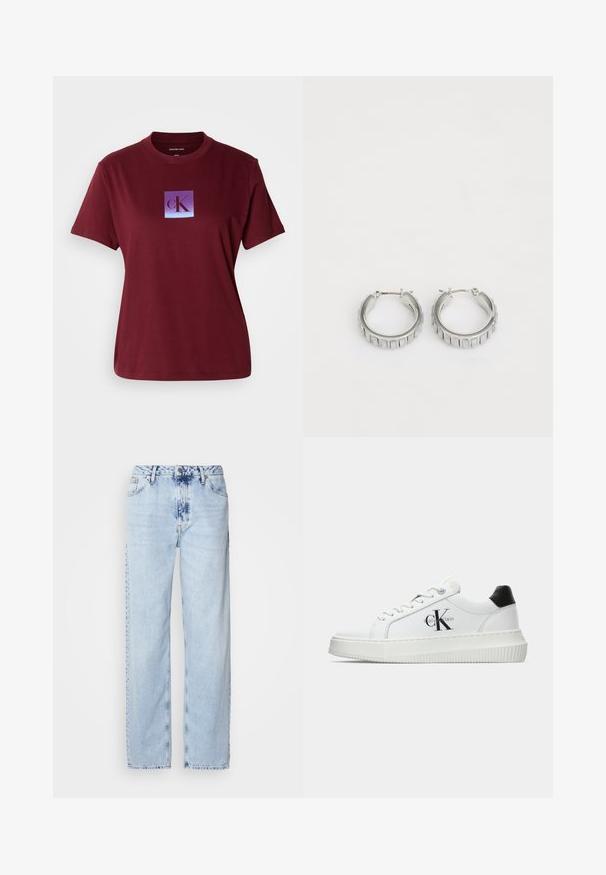 Maroon cotton T-shirt featuring a square logo with a gradient purple to blue background and the letter "cK" in dark purple.; Light blue wide-leg jeans made from denim, featuring a high waist, faded wash, and subtle tie-dye pattern along the front.; White low-top sneaker with black heel tab, platform sole, laces, and Calvin Klein "CK" logo on the side.; Silver hoop earrings with a textured design featuring vertical ridges. Circular shape with a secure latch closure. Smooth finish.