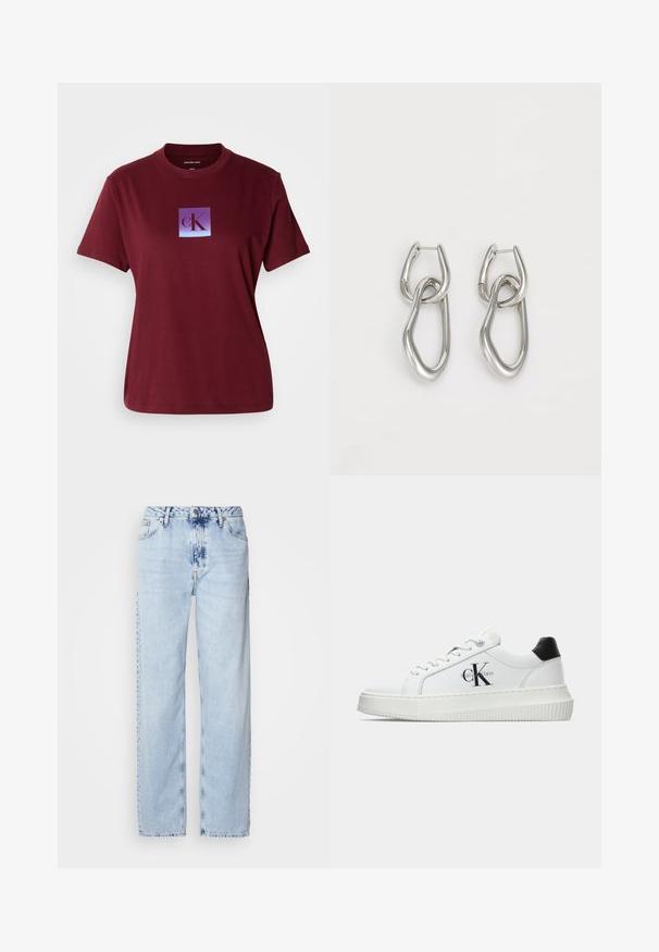 Bordeaux punane puuvillane T-särk, millel on ruudukujuline logo, millel on gradiendi taust alates lillast kuni siniseni ja tume lilla täht "cK".; Heledad sinise värvi laiad teksad, mis on valmistatud denimist, kõrge vöökoht, pleekinud pesu ja peen tie-dye muster ettepoole.; Valge madalate sokkidega jooksutoss, millel on must konts, platvormi tallad, paelad ja Calvin Kleini "CK" logo küljel.; Calvin Klein STATEMENT LINKS - Kõrvarõngad - silver-coloured