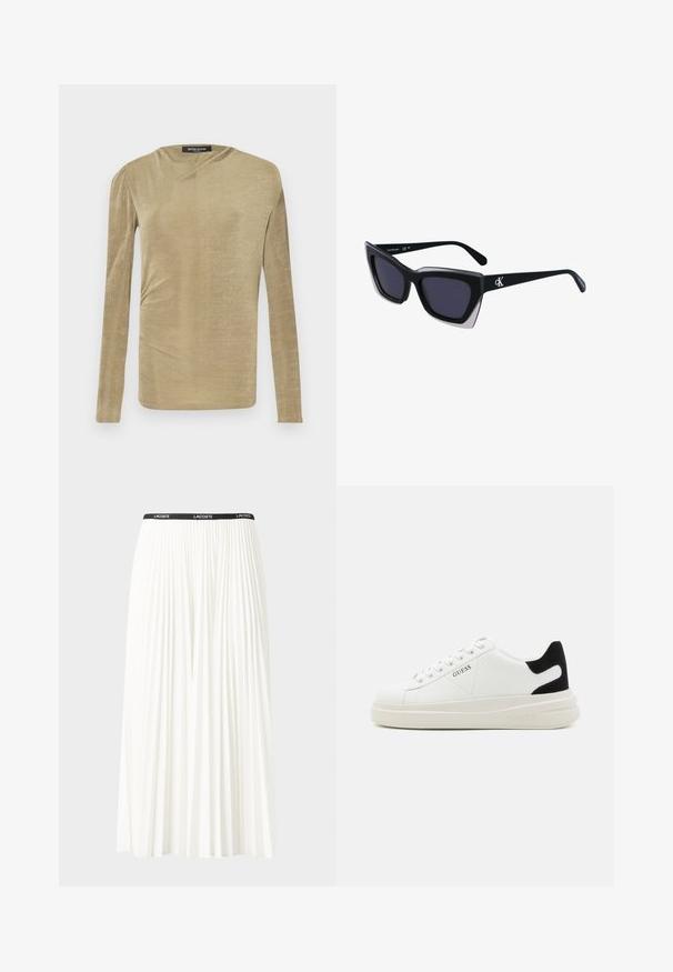 Hosszú ujjú felső világos bézs színben, puha anyagból, enyhe fényességgel. Oldalán redőzött részlet található, valamint diszkrét ladylike nyakvonal.; Plisszírozott fehér szoknya fekete elasztikus derékkal, amelyen a "LACOSTE" logó található. Középhosszú kialakítás, puha tapintással.; Fehér bőr sportcipők vastag fehér talppal, fekete velúr sarokpikkelyel és dombornyomott logóval az oldalon. Fűzős kialakítás, hat fűzőlyukkal.; Fekete, nagyméretű napszemüveg geometrikus formával, sötét lencsékkel és kontrasztos szürke részlettel a kereten. Logó a szárán.