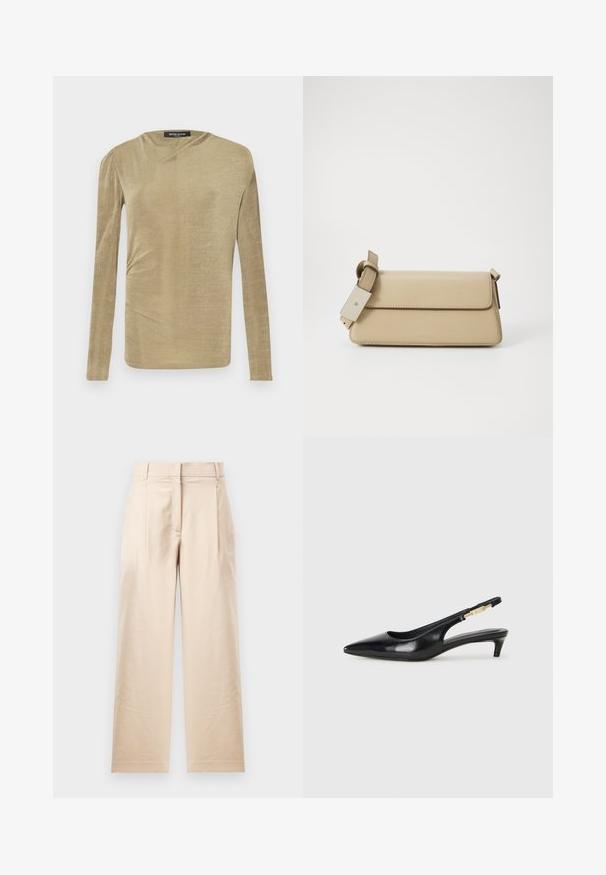 Top de manga larga en un beige claro, fabricado en un tejido suave con un ligero brillo. Presenta un detalle fruncido en el lateral y un sutil escote barco.; Pantalones beige confeccionados en una tela suave. Presentan un corte recto, frente plano y dos pliegues. Sin patrones visibles ni herrajes.; Tacones negros de piel sintética tipo slingback con punta afilada, que cuentan con un tacón delgado y un detalle en tono dorado en la correa ajustable. Textura suave.; Bolso de mano de polipiel beige con cierre de solapa, correa ajustable y diseño minimalista. Presenta costuras sutiles y logotipo embellecido.
