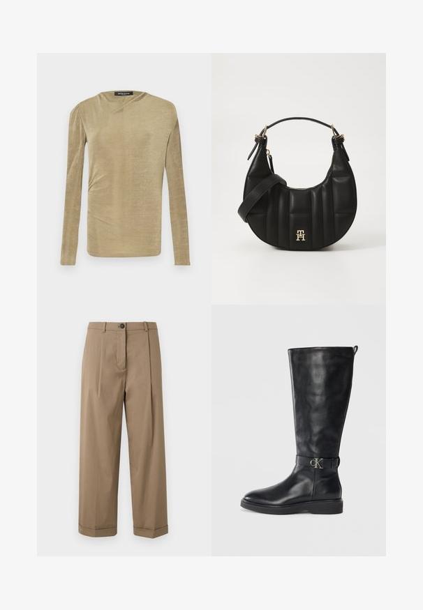 Long-sleeved top in a light beige, soft fabric with a slight sheen. Features gathered detail on the side and a subtle boat neckline.; Brown, wide-leg trousers featuring a flat front with pleats, a button closure, and turned-up cuffs, made from smooth fabric.; Black leather knee-high boot with low heel, round toe, and metallic "CK" logo buckle strap around the ankle.; Black leather handbag with a curved shape, quilted texture, and gold hardware. Features a detachable shoulder strap and logo detail.