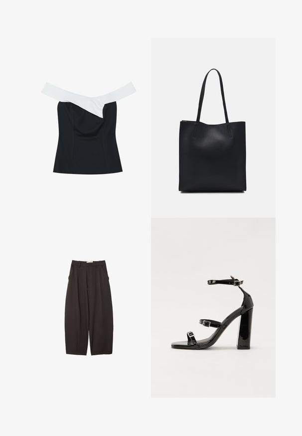 Svart topp med ett off-white band som korsar vid halsringningen, med en figurnära design och slät tygstruktur.; Svarta vida byxor i ett mjukt tyg, med hög midja, framfickor och sidofickor. Enkel design utan utsmyckningar.; Svarta lackerade klacksandaler med fyrkantig tå, ankelremmar och silverfärgade spännen. Har en kraftig blockklack för stabilitet.; Svart lädertoffelväska med slät textur, rektangulär form och två långa handtag. Ingen synlig hårdvara eller dekorationer.
