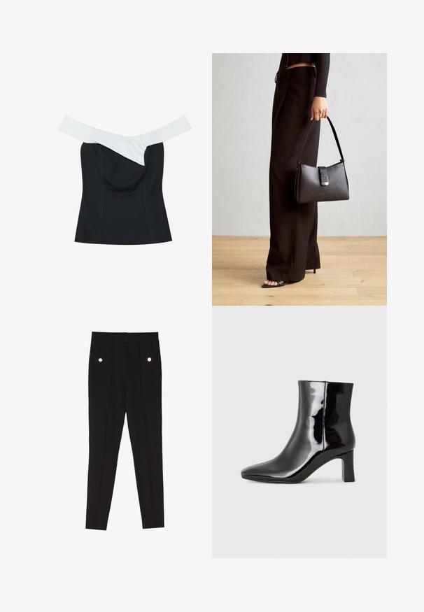 Top negro con una banda de color blanco roto que cruza en el escote, con un diseño ajustado y una textura de tela suave.; Pantalones negros a medida con una textura suave, que cuentan con dos bolsillos delanteros con acentos de hardware decorativo y un diseño ajustado.; Botín de charol negro con punta afilada y un tacón de bloque de altura media. Textura suave y diseño minimalista.; Bolso negro con forma estructurada, textura suave y un cierre metálico. Combinado con pantalones anchos negros y sandalias de dedo en un suelo de madera.