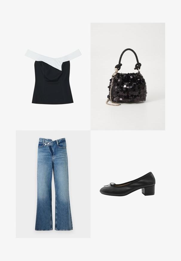 Zwarte top met een off-white band die kruist bij de halslijn, met een getailleerd ontwerp en een gladde stofstructuur.; Lichtblauwe flared jeans met een hoge taille, voorzien van twee knopen en voorzakken. De stof heeft een vervaagde textuur met subtiele variaties.; Zwarte leren pump met een ronde neus, klein strikje aan de voorkant en een vierkante blokhak. Gladde textuur met minimale ontwerpaccenten.; Zwarte pailletten mini handtas met een geknoopte textuurriem en zilveren ketting. Rondvormig met een geplooide bovenkant en reflecterende details.