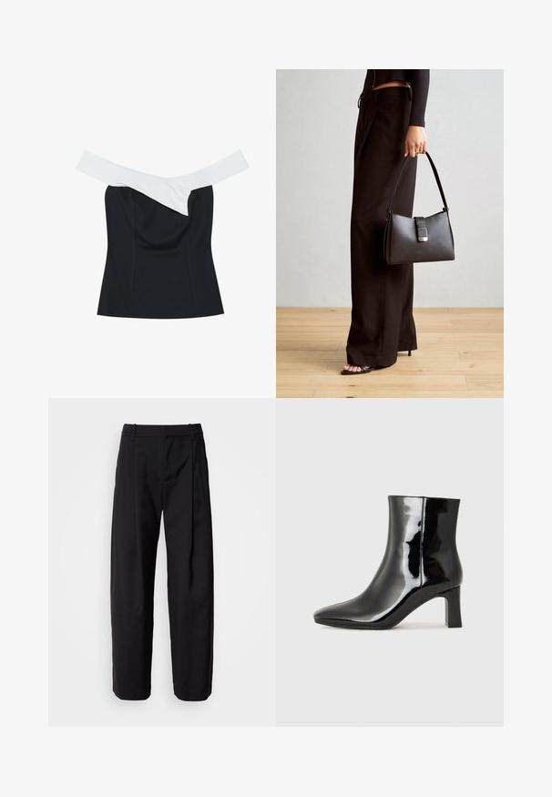 Crna majica s krem trakom koja prelazi na izrezu, s uskim dizajnom i glatkom teksturom tkanine.; Crne hlače s opuštenim krojem, nabranim prednjim dijelom i petljama za remen. Glatka tkanina i ravne nogavice, s bočnim džepovima.; Crne lakirane kožne gležnjače s šiljastim prstom i srednje visokom blok petom. Glatka tekstura i minimalistički dizajn.; Crna torba s oblikom koji sadrži strukturu, glađu teksturu i metalnu kopču. Uparena s širokim crnim hlačama i sandalama na otvorenom s drvenog poda.