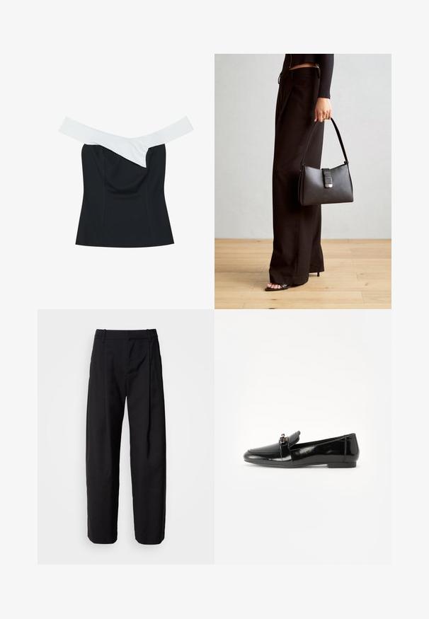 Must mingi musta ülaosa off-white riba, mis ületab kaeluse, omab kitsast disaini ja sujuvat kangast tekstuuri.; Mustad püksid, millel on lõdva lõikega istuvus, volditud esiosa ja vöökohad. Sile kangas ja sirged sääred, küljetaskud.; Must musta nahk kingad tasase põhjaga, ümarate varvastega ja dekoratiivse riba kuldse detailiga. Sile, läikiv viimistlus.; Must musta kott, millel on struktureeritud kuju, sile tekstuur ja metallist klamber. Kombineeritud laiate mustade pükstega ja avatud varvaste sandaalidega puidust põrandal.