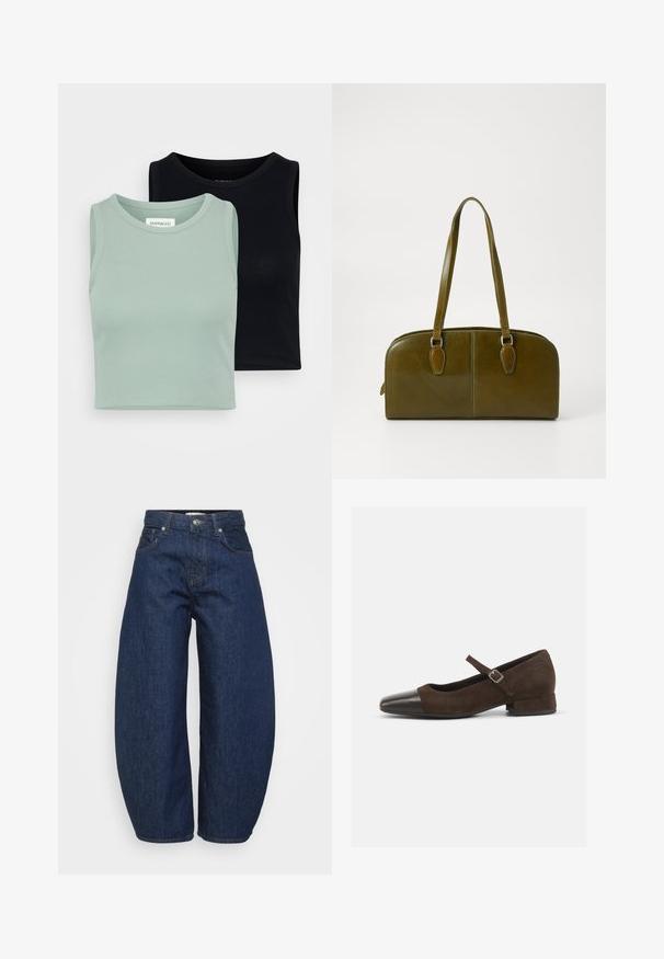 Sett med to ermeløse topper: en i lys myntegrønn og en i svart. Har myk, ribbet tekstur og klassisk rund hals design.; Mørkeblå høytalende denimjeans med vide ben, frontknap og glidelås, samt klassisk femlommers design.; Brune suede Mary Jane-sko med en sort patentlæder tåkap, justerbar rem og lav blokhæl. Glat tekstur med minimale detaljer.; Olivengrønn lærveske med rund form, doble håndtak og sømløft front. Har en jevn tekstur og subtile sømdetaljer.; Sølv ringøredob med en polert finish, med små gull detaljer og en rund form, båret på øreflippen.