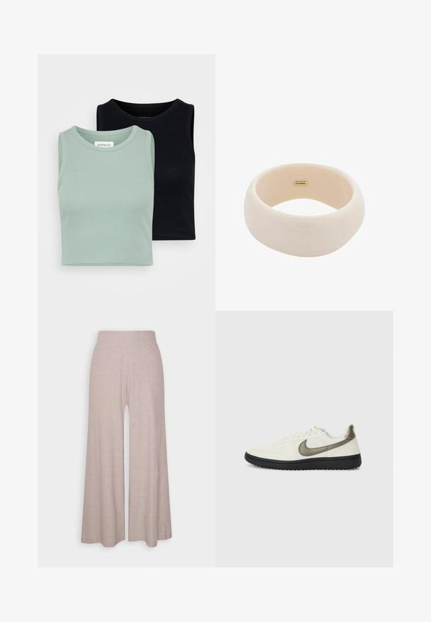 Sada dvou topů bez rukávů: jeden v světle mátové zelené a druhý v černé. Disponují měkkou, žebrovanou texturou a klasickým kulatým výstřihem.; Světle šedé široké kalhoty vyrobené z měkké jemně žebrované látky, s vysokým pasem a dlouhými nohavicemi s jemnou texturou.; Nike Sportswear FIELD GENERAL - Tenisky - off-white/black; Lesklý béžový náramek vyrobený z hladké pryskyřice. Zaoblený tvar s jednotným povrchem a malým zlatým logem na vnitřní straně.