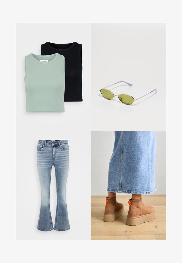 Conjunto de dois tops sem mangas: um em verde menta claro e outro em preto. Apresenta uma textura suave e ribateada e um design clássico de decote redondo.; Calças de ganga azuis claras, com corte à boca de sino, apresentando um design clássico de cinco bolsos, fecho frontal com zipper e um efeito de desbotado suave ao longo das coxas.; Botas plataforma em camurça castanha com painéis laterais elásticos e puxadores laranja, combinadas com uma saia de ganga clara até ao joelho, em um chão de madeira.; Óculos de sol verde-azeitona com uma armação fina dourada e hastes com detalhes azuis. Lentes ovais e design minimalista.