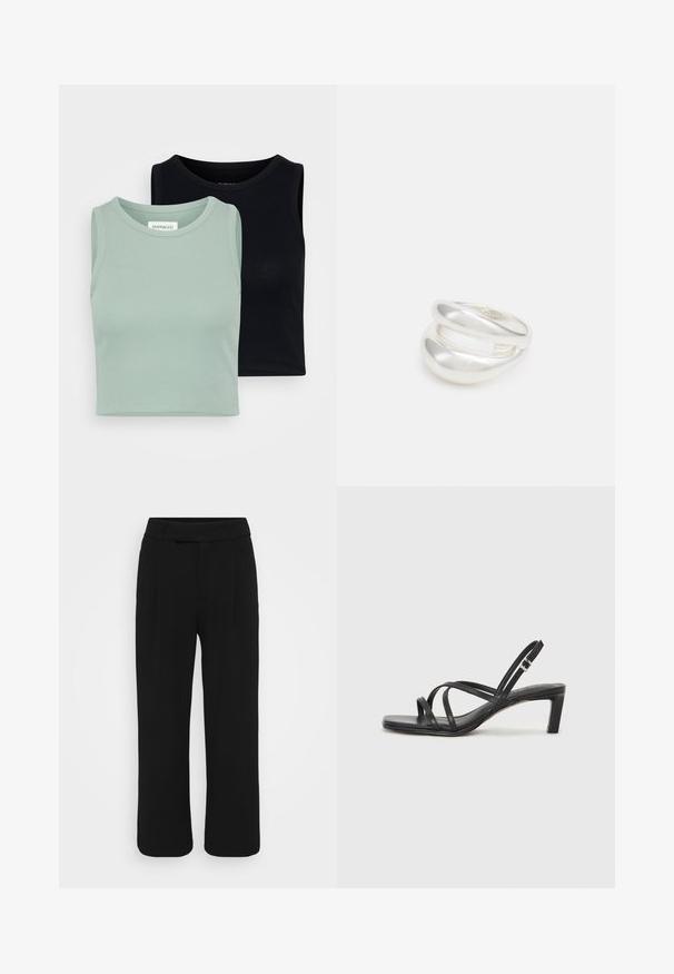 Set of two sleeveless tops: one in light mint green and one in black. Features soft, ribbed texture and classic crew neckline design.; Black wide-leg pants made of a smooth fabric, featuring a flat front, belt loops, and no visible pockets. Clean, tailored design.; Black strappy sandal with a square toe and a low block heel. Features multiple thin straps and an adjustable ankle strap. Made of smooth leather.; Silver double-band ring with a smooth, polished surface. Features a fluid, curved design with overlapping sections for a modern look.