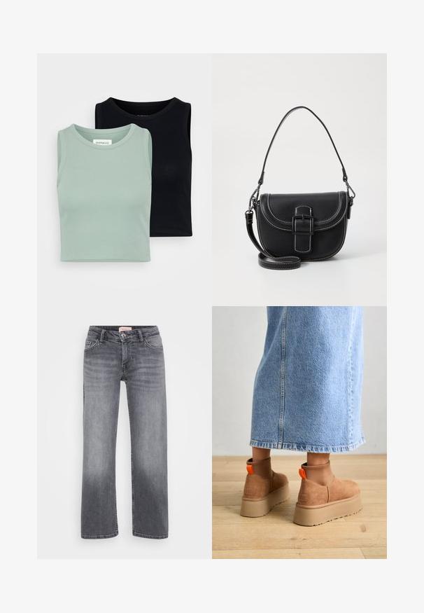 Set van twee mouwloze tops: een in licht mintgroen en een in zwart. Gekenmerkt door een zachte, geribbelde textuur en een klassiek ronde halslijn ontwerp.; Grijze denim jeans met een recht gesneden ontwerp, vijf zakken stijl, subtiele vervaging en een knoopsluiting in de taille.; Bruine suède platformlaarzen met elastische zijkanten en oranje trekbandjes, gecombineerd met een lichtdenim rok tot de knie op een houten vloer.; Zwarte leren schoudertas met een gebogen ontwerp, opvallende sluiting met gesp en witte stiksels. Inclusief verstelbare schouderband.; Zilveren oorbel met een gepolijste afwerking, met kleine gouden accentdetails en een ronde vorm, gedragen op de oorlel.