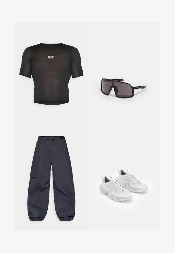 Μαύρο αθλητικό μπλουζάκι κοντομάνικο φτιαγμένο από δίχτυ. Διαθέτει στρογγυλή λαιμόκοψη και λευκό λογότυπο "Oakley" μπροστά.; Σκούρο γκρι cargo παντελόνι φτιαγμένο από απαλό και ανθεκτικό υλικό. Διαθέτει φαρδιά, χαλαρή γραμμή, πολλαπλές τσέπες και ζώνη μέσης για ρύθμιση.; Λευκά αθλητικά παπούτσια με ύφασμα διχτυού, γκρι λεπτομέρειες, υφασμάτινη σόλα με υφή και θηλιές στην φτέρνα; διαθέτουν σχέδιο με κορδόνια.; Μαύρα ορθογώνια γυαλιά ηλίου με σκούρους φακούς, πλατύ σκελετό και λεπτά μαύρα χέρια. Διαθέτουν λογότυπο στους βραχίονες. Λείος υφή.