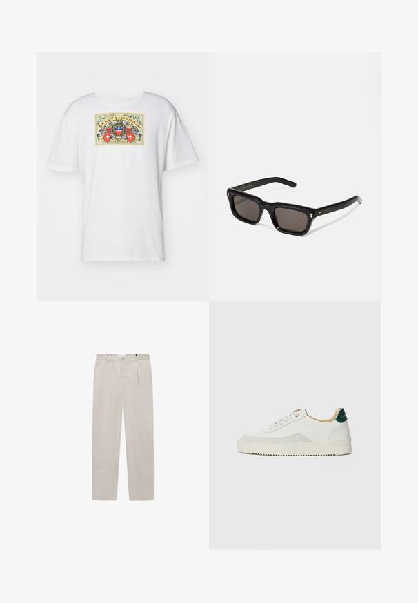 Witte katoenen T-shirt met een kleurrijke afbeelding van een wapenschild, de tekst "BALLY of SWITZERLAND" en bloemaccenten. Korte mouwen.; Lichtbeige broek van zachte stof, met een rechte snit, twee zijzakken en een knoopsluiting aan de voorkant. Lichtgewicht en gladde textuur.; Witte sneaker met suède accenten, ronde neus, platte veters en een crème rubberen zool. Bevat groene branding op de hiel.; Zwarte rechthoekige zonnebril met donkere lenzen, een dik plastic montuur, gouden accenten op de veren en het merkembleem gegraveerd op de arm.
